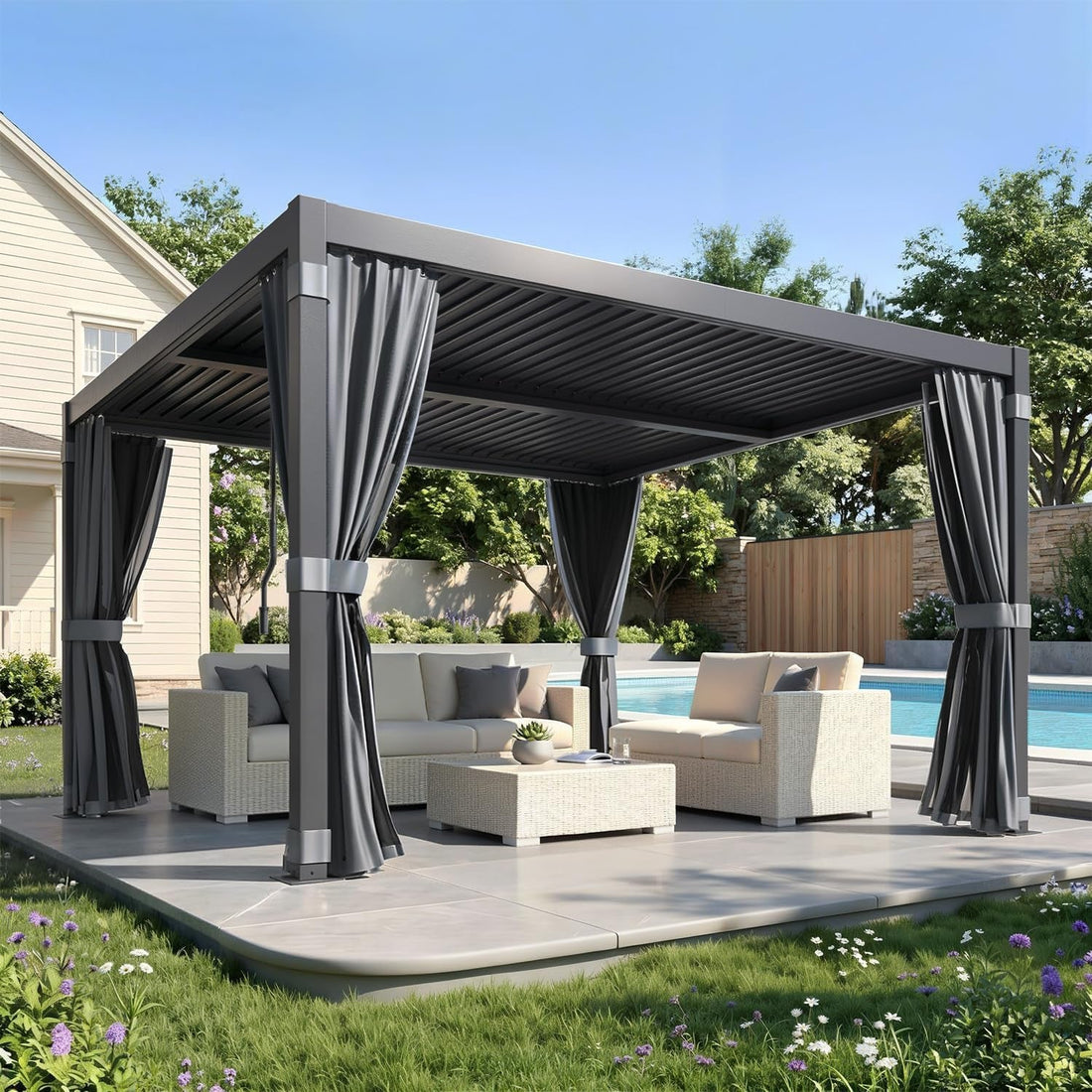 Black louvred aluminium pergola with an adjustable roof on a UK patio
