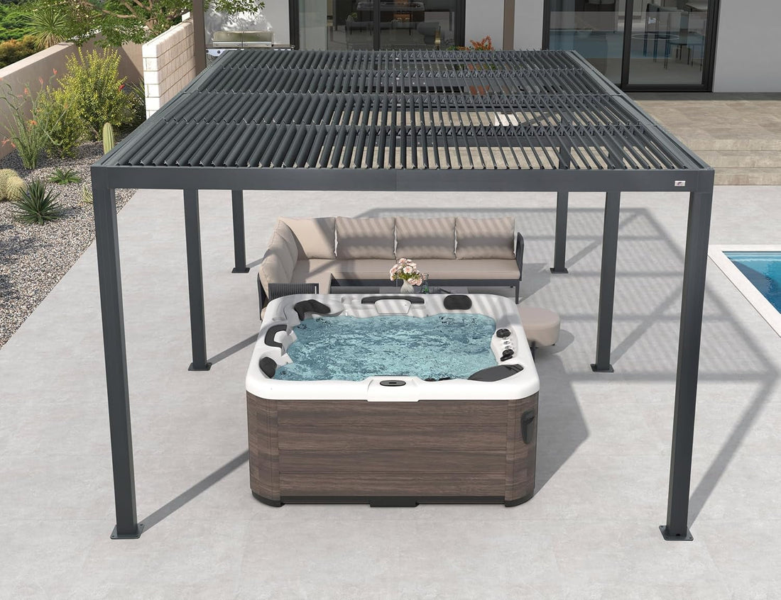 Large louvred aluminium pergola covering a garden patio seating area