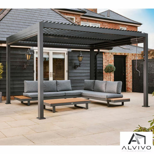 Louvered aluminium pergola with pull-down privacy screens and LED lights
