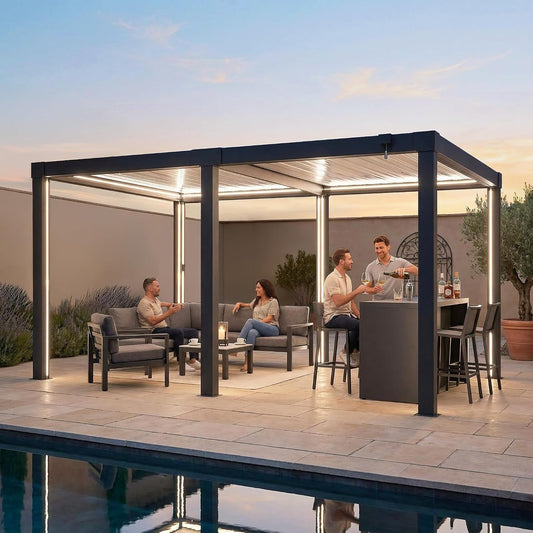 Solar LED louvred aluminium pergola 3x4m over a UK garden patio