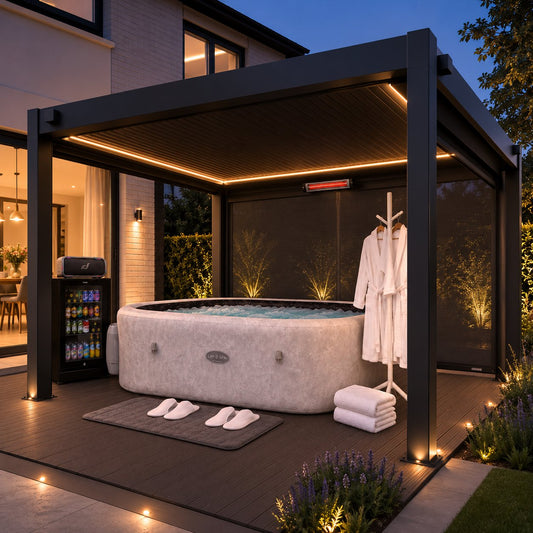 Premium pergola outdoor room with a hot tub adding value to a UK garden