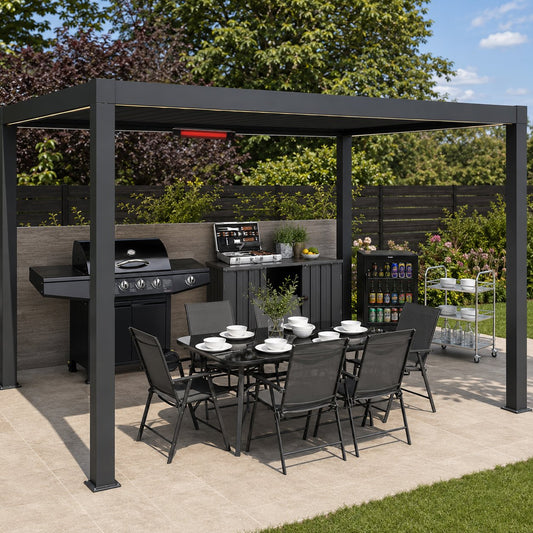 Outdoor kitchen pergola with covered dining and cooking area in a UK garden