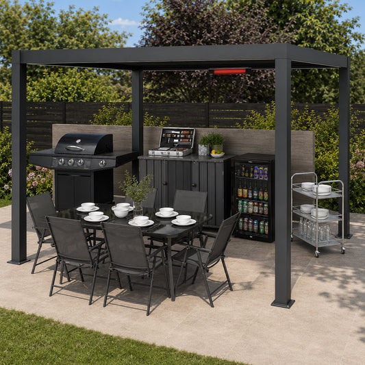 Aluminium louvred pergola with an adjustable roof set up as a covered outdoor dining room