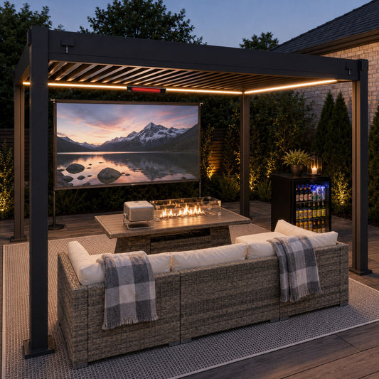 Garden outdoor cinema under an aluminium louvred pergola with a large projection screen