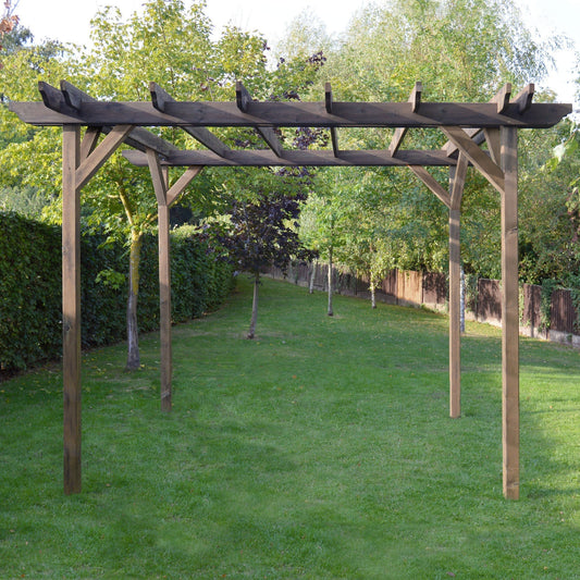 Rustic brown freestanding double garden pergola framing an outdoor dining area in a UK garden