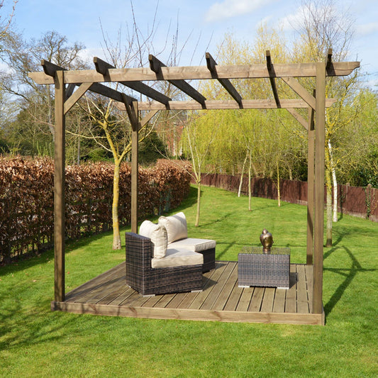 Rustic brown freestanding wooden pergola with a matching timber decking base in a UK garden