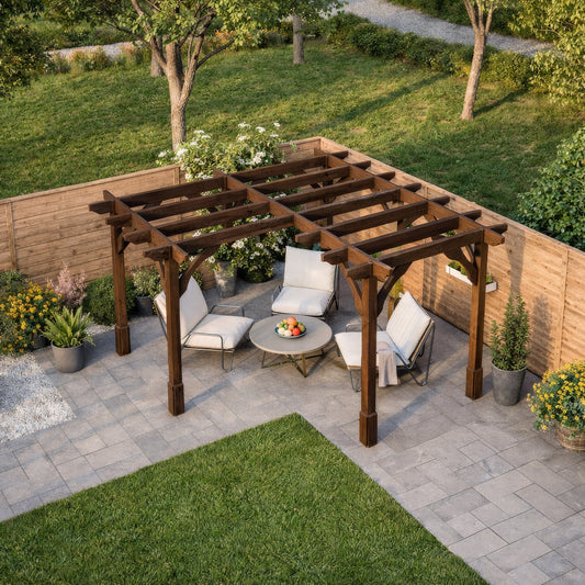 Rustic brown wooden corner pergola set into the corner of a UK garden