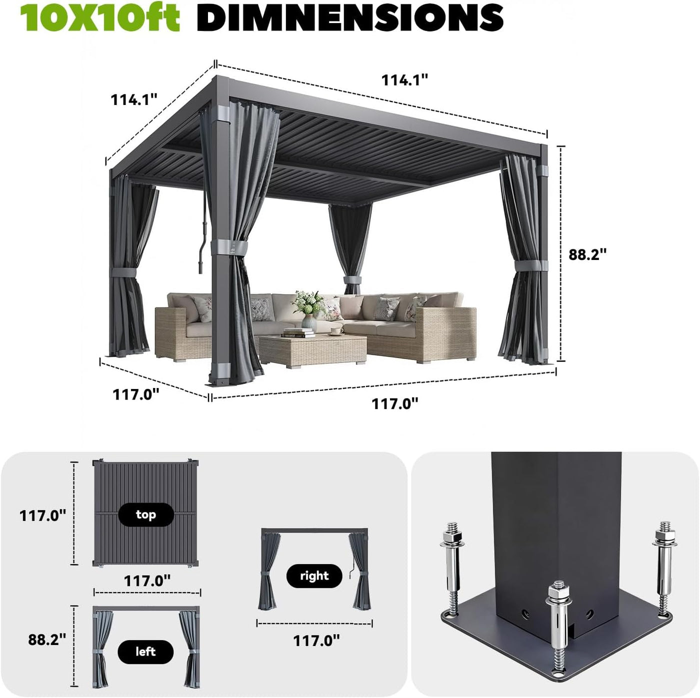 Louvered Pergola 3 X 3M, Aluminum Pergola with Adjustable Louvered Roofs, Outdoor Gazebo with Waterproof Curtains and Nets, Black