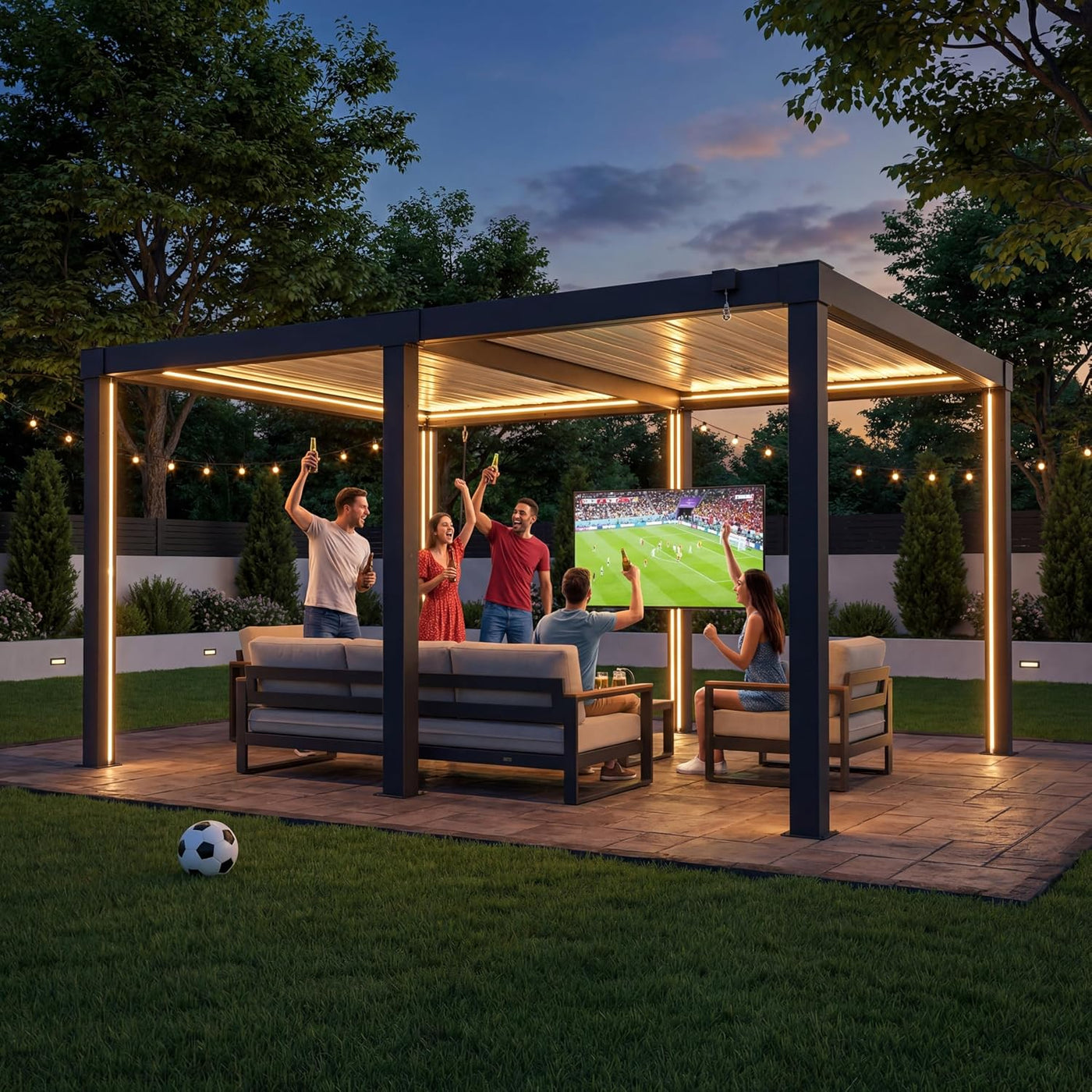 Louvred Pergola with Solar LED Lights, 3 X 4 M All-Weather Aluminium Hardtop Gazebo, Manual Crank Adjustable Roof, Integrated Drainage, Wind & Snow Resistant Outdoor Shelter