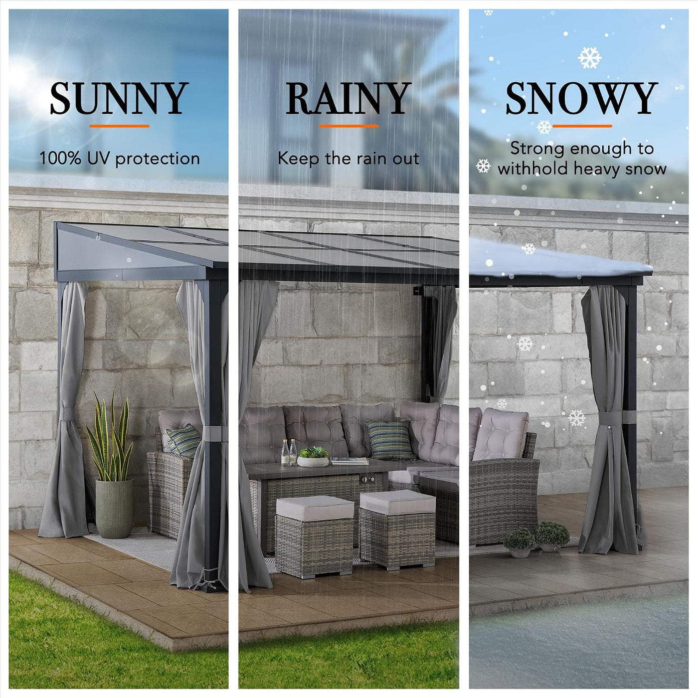 3X3.6M Wall Mounted Gazebo with Curtains & Netting, Thicker 8Cm Posts, Metal Frame, Waterproof Polycarbonate Roof, Lean to Shelter Pergola, Outdoor for Garden Patio Porch