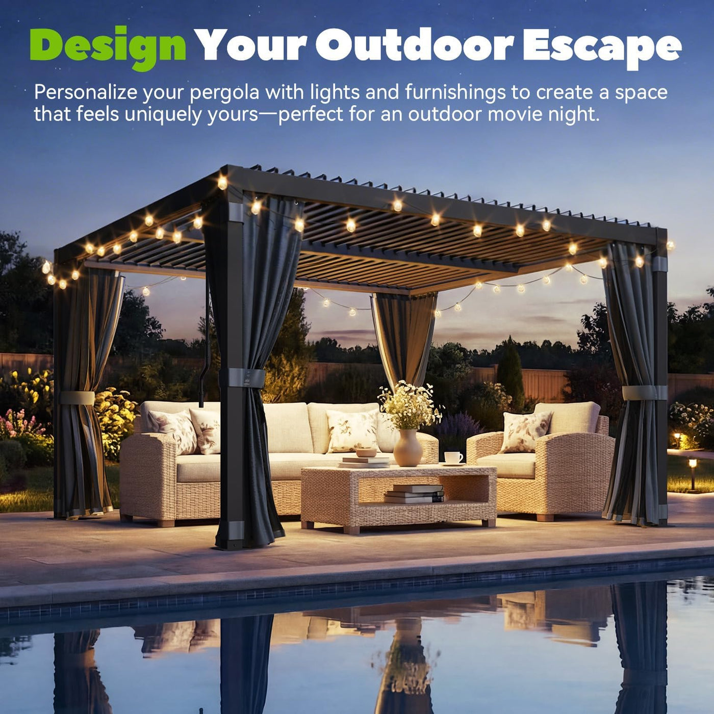 Louvered Pergola 3 X 3M, Aluminum Pergola with Adjustable Louvered Roofs, Outdoor Gazebo with Waterproof Curtains and Nets, Black