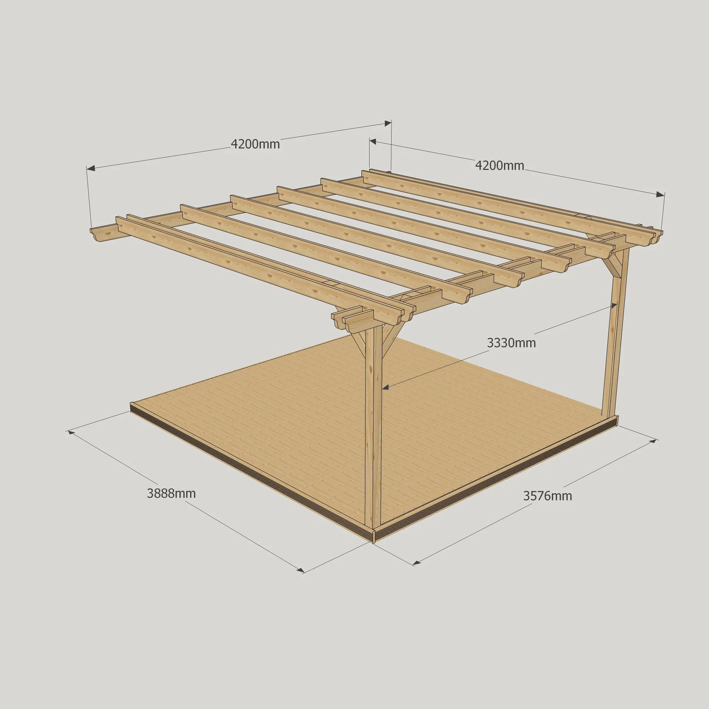 Wall Mounted Double Garden Pergola with Decking - Rustic Brown - 4.2M Depth X 4.2M Length