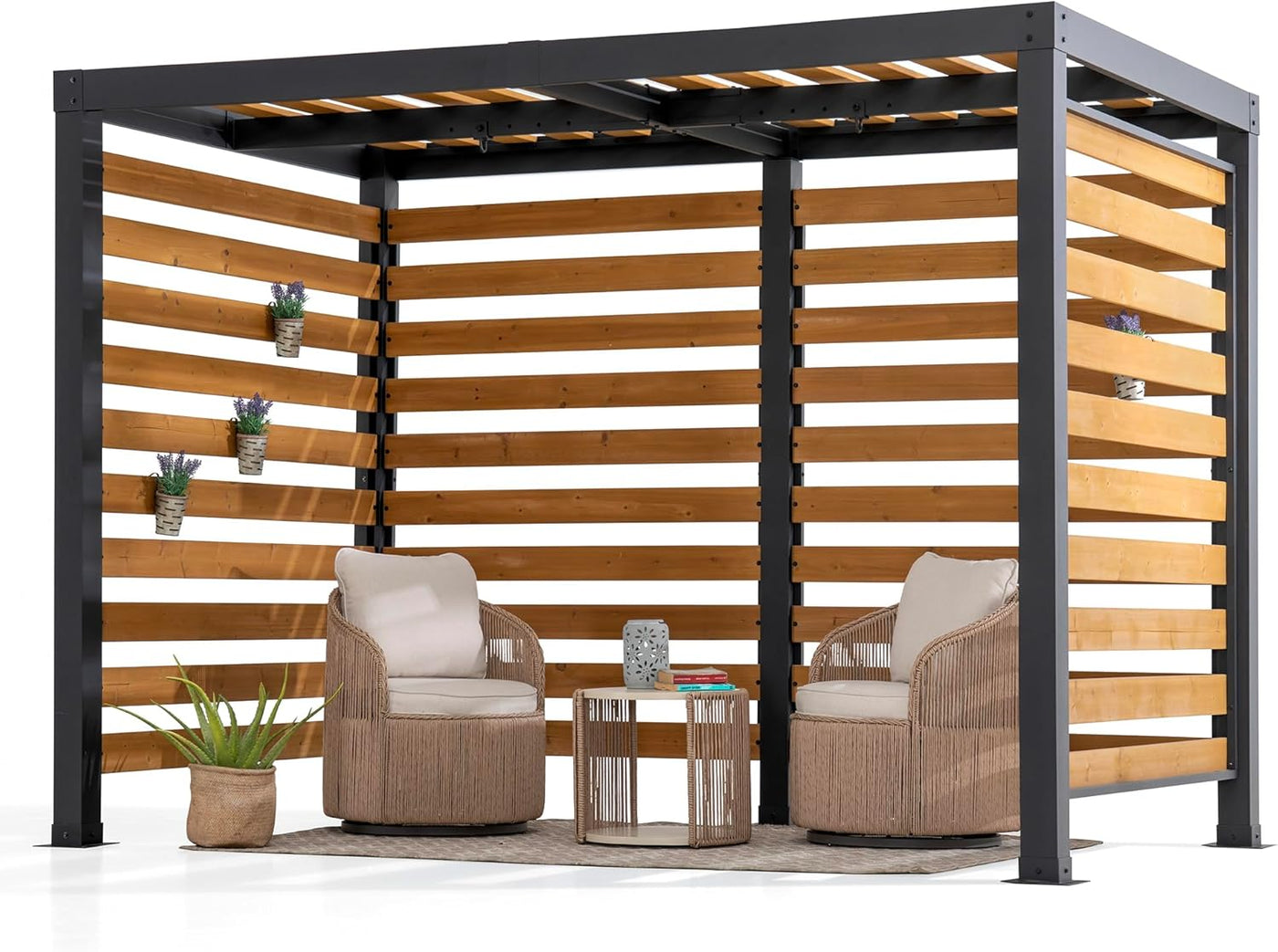 Cedar Wood Pergola with Steel Frame, 191X313Cm Garden Shelter, Wind & Weather-Resistant Outdoor Gazebo, Double Hooks for Hanging Egg Chairs & Swings