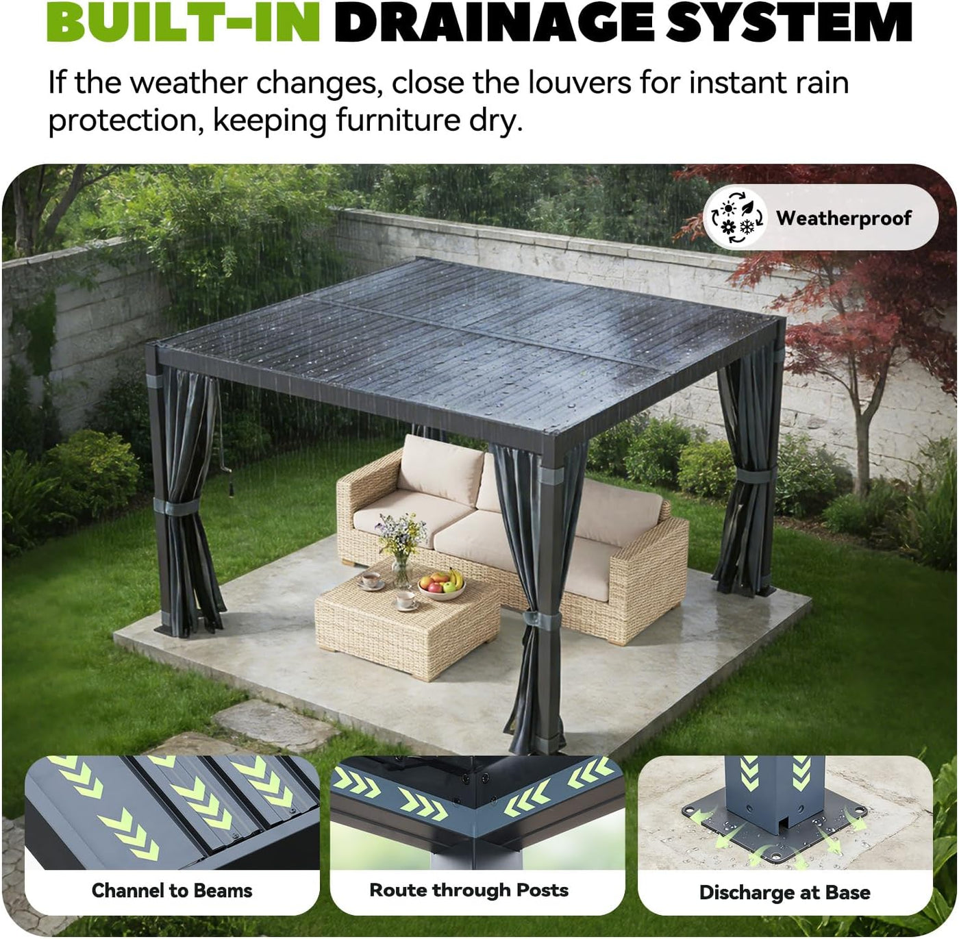 Louvered Pergola 3 X 3M, Aluminum Pergola with Adjustable Louvered Roofs, Outdoor Gazebo with Waterproof Curtains and Nets, Black