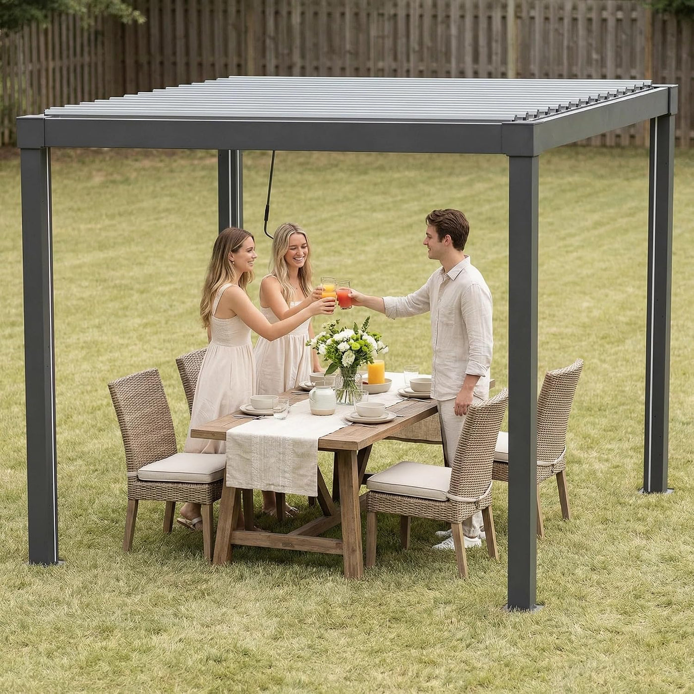 Louvred Pergola with Solar LED Lights, 3 X 3 M All-Weather Aluminium Hardtop Gazebo, Manual Crank Adjustable Roof, Integrated Drainage, Wind & Snow Resistant Outdoor Shelter