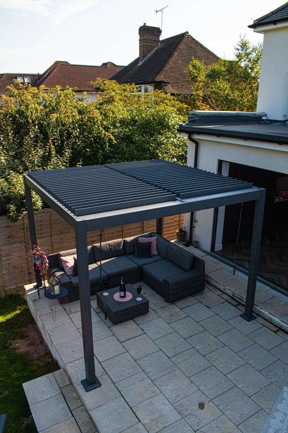 BPS® Deluxe Full Aluminium Pergola | Dual Zone Louvred Roof | Built in Drainage | Clip in Louvres | Garden Canopy | Sun Shade | Anthracite Grey 4X3M
