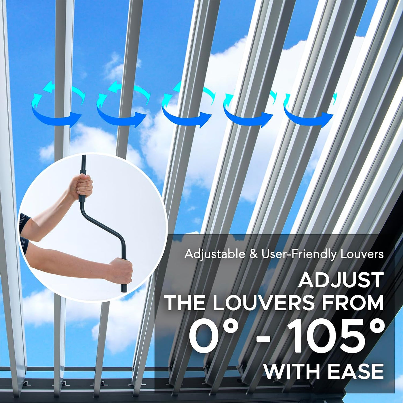 Louvred Pergola with Solar LED Lights, 3 X 3 M All-Weather Aluminium Hardtop Gazebo, Manual Crank Adjustable Roof, Integrated Drainage, Wind & Snow Resistant Outdoor Shelter