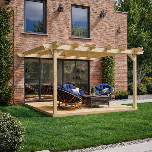 Wall Mounted Double Garden Pergola with Decking - Light Green - 4.8M Depth X 4.8M Length
