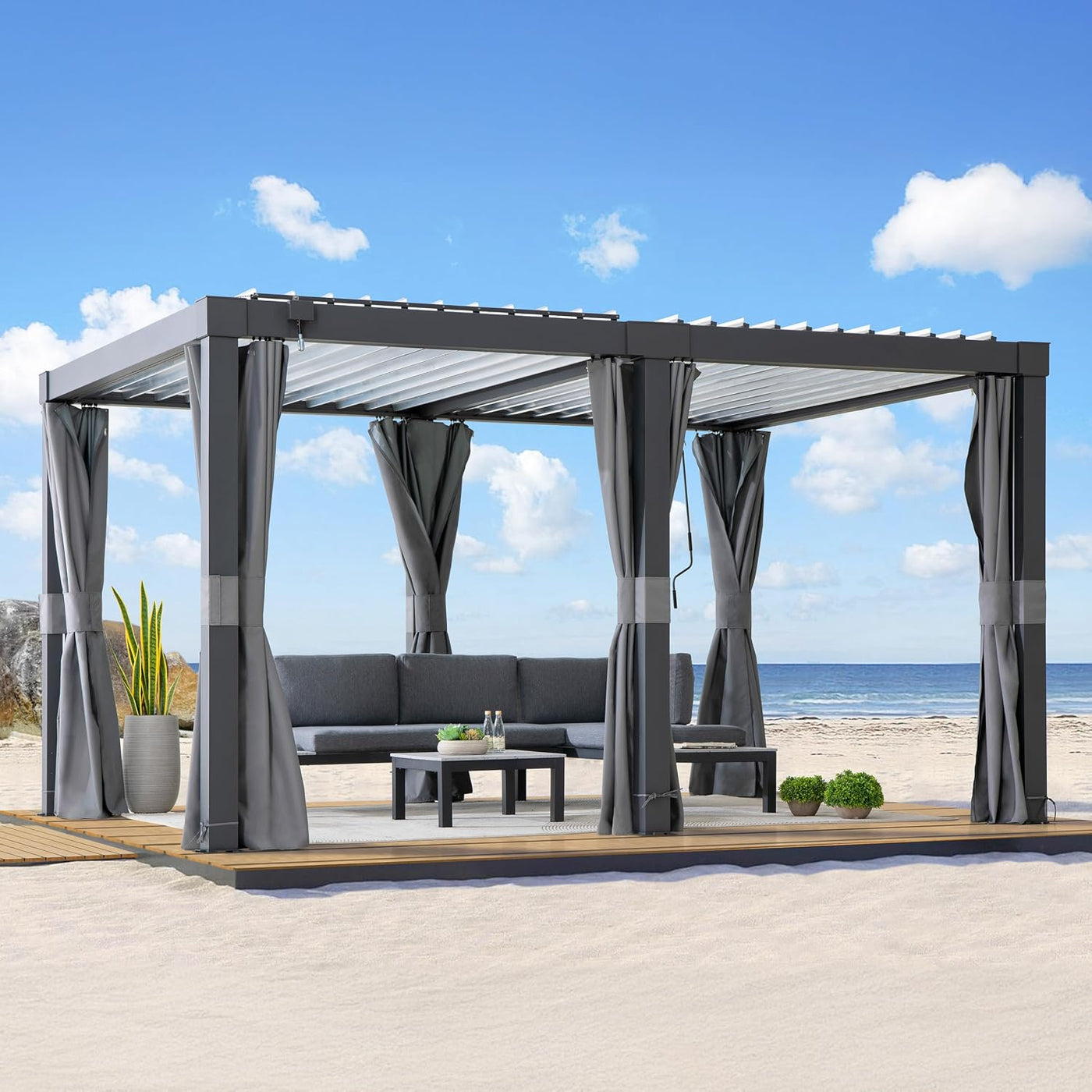 Louvred Pergola with Solar LED Lights, 3 X 4 M All-Weather Aluminium Hardtop Gazebo, Manual Crank Adjustable Roof, Integrated Drainage, Wind & Snow Resistant Outdoor Shelter