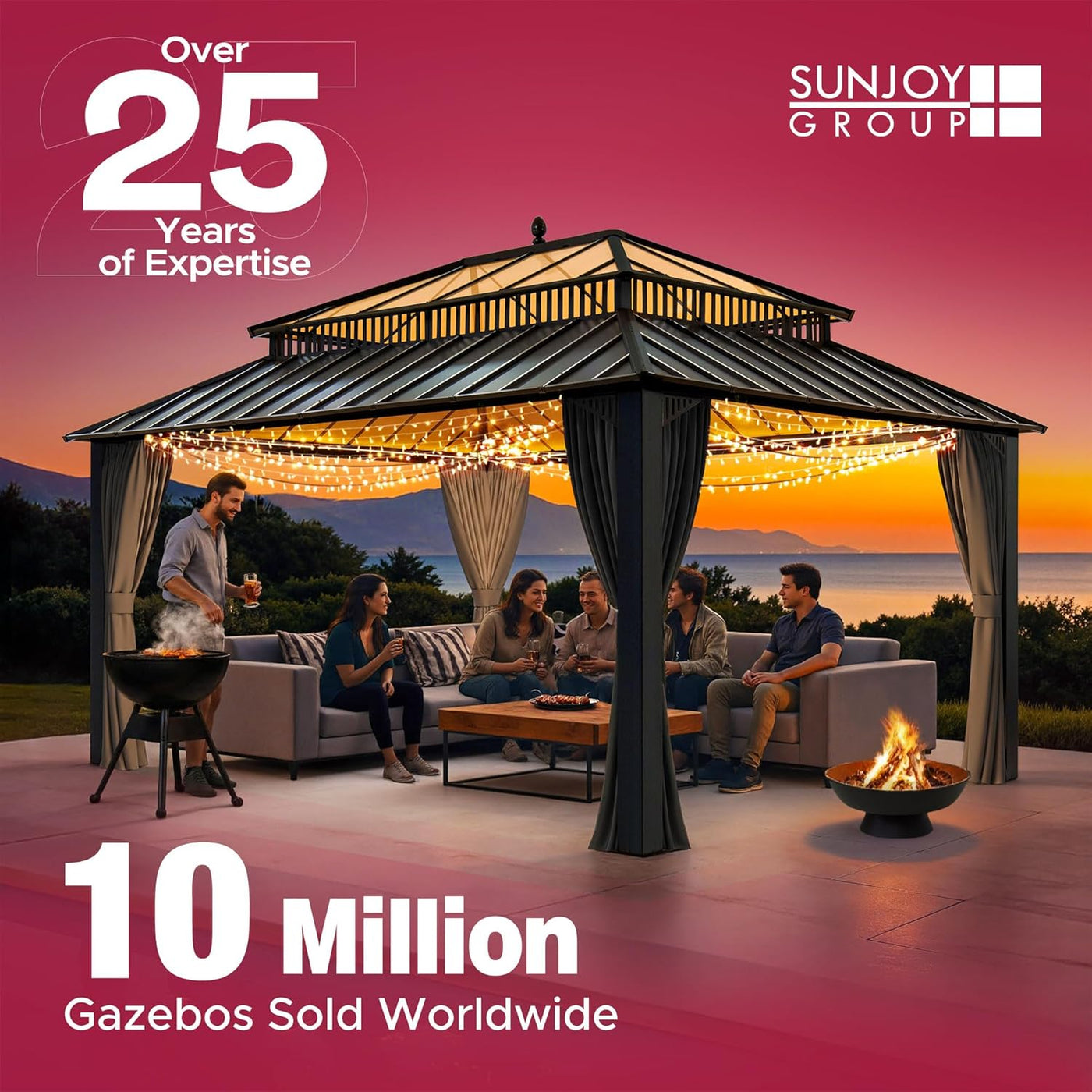 3X3.6M Wall Mounted Gazebo with Curtains & Netting, Thicker 8Cm Posts, Metal Frame, Waterproof Polycarbonate Roof, Lean to Shelter Pergola, Outdoor for Garden Patio Porch