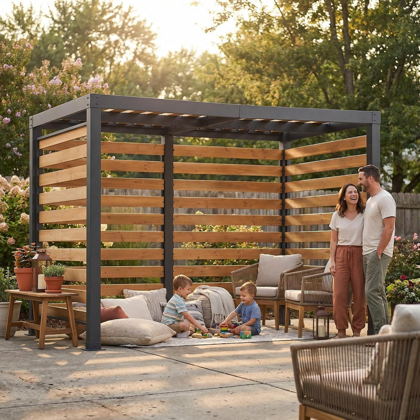 Cedar Wood Pergola with Steel Frame, 191X313Cm Garden Shelter, Wind & Weather-Resistant Outdoor Gazebo, Double Hooks for Hanging Egg Chairs & Swings