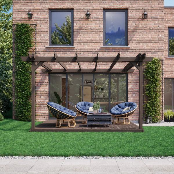 Wall Mounted Double Garden Pergola with Decking - Rustic Brown - 3.6M Depth X 3.6M Length
