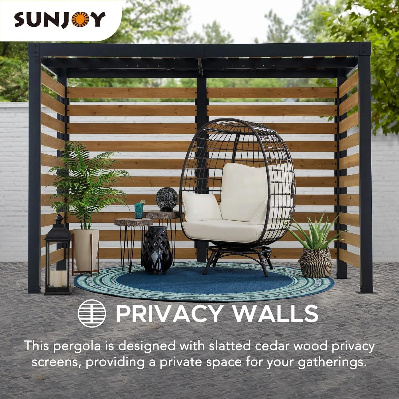 Cedar Wood Pergola with Steel Frame, 191X313Cm Garden Shelter, Wind & Weather-Resistant Outdoor Gazebo, Double Hooks for Hanging Egg Chairs & Swings