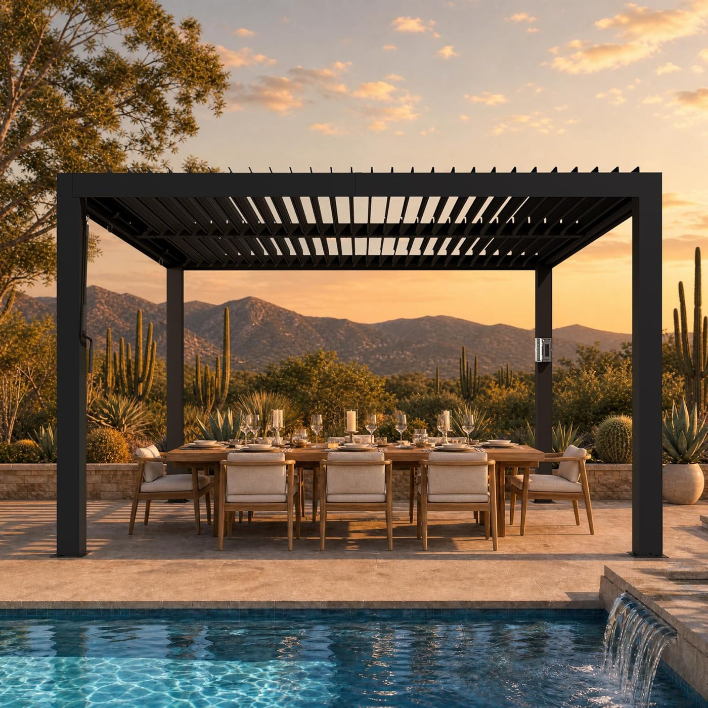 Modern Shade Louvered Pergola 3 X 3.6M with USB Charging Port Deck, Outdoor Pergola with Adjustable Waterproof Roof & Integrated Drainage, Reinforced Frame for Patio Deck Garden, Easy Assembly, Black