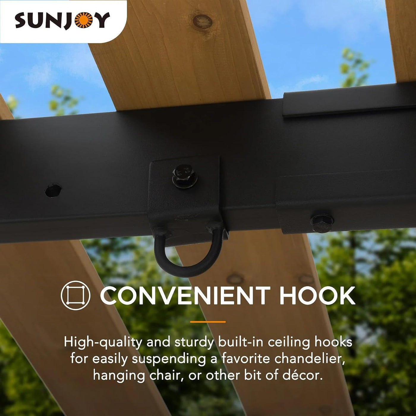 Cedar Wood Pergola with Steel Frame, 191X313Cm Garden Shelter, Wind & Weather-Resistant Outdoor Gazebo, Double Hooks for Hanging Egg Chairs & Swings