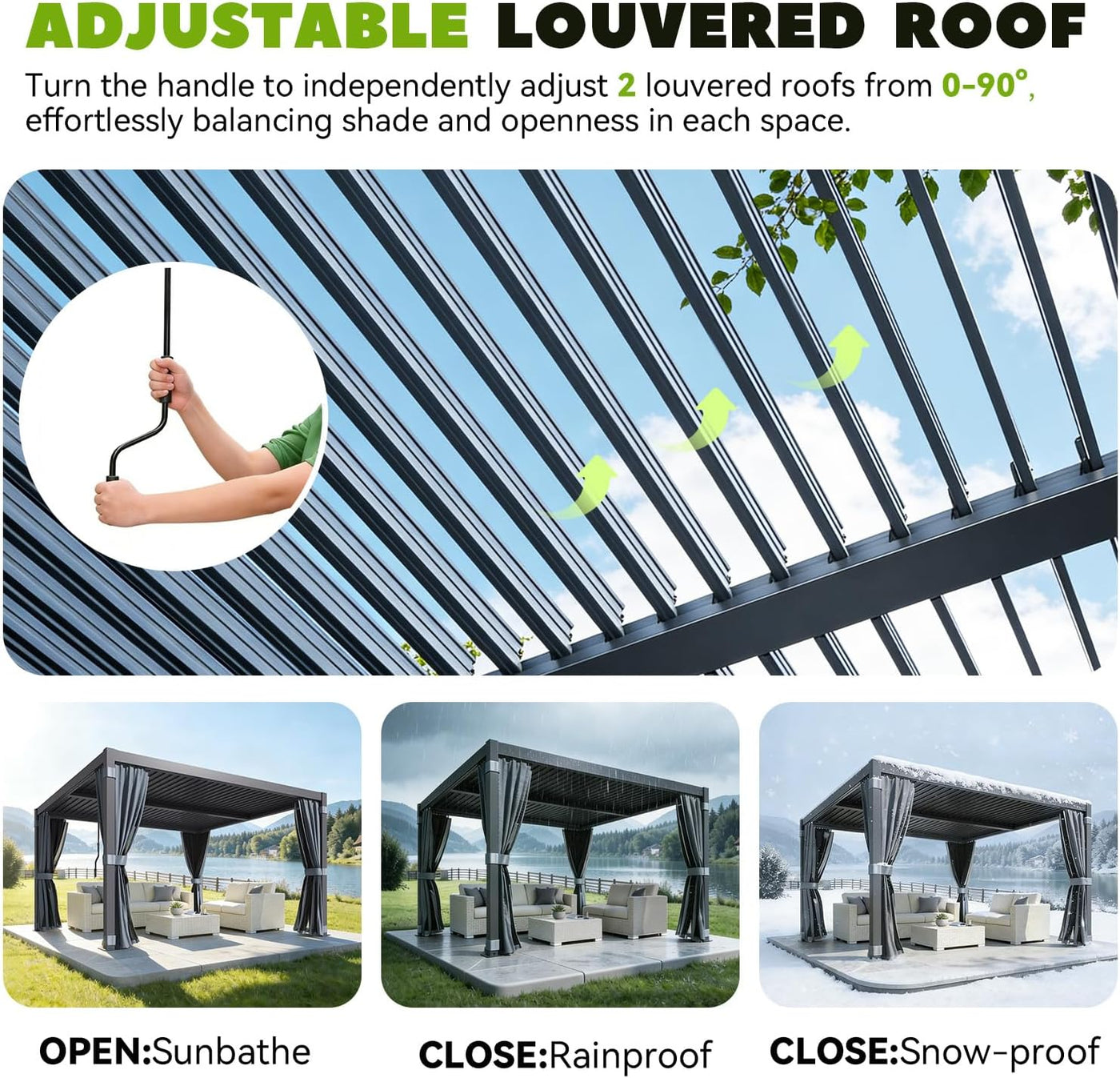 Louvered Pergola 3 X 3M, Aluminum Pergola with Adjustable Louvered Roofs, Outdoor Gazebo with Waterproof Curtains and Nets, Black