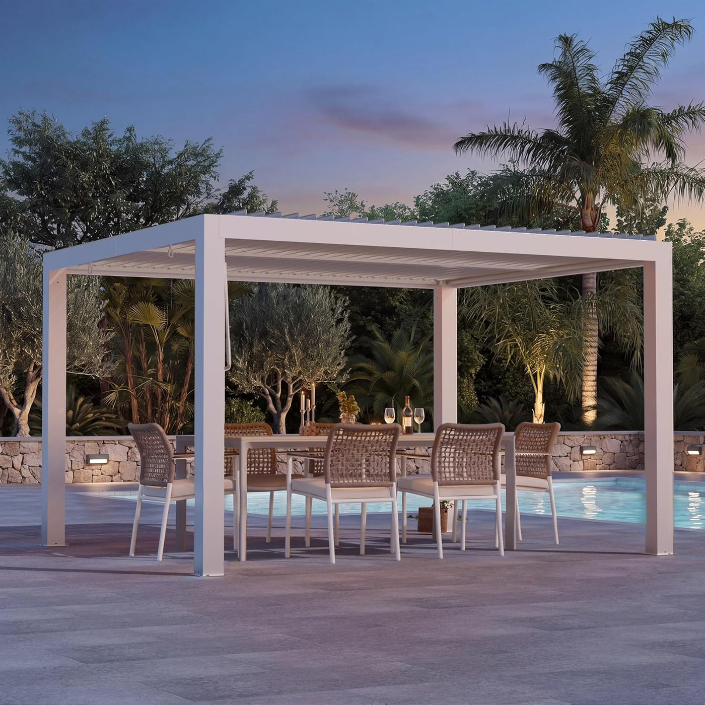 Modern Shade Louvered Pergola 3 X 3.6M with USB Charging Port Deck, Outdoor Pergola with Adjustable Waterproof Roof & Integrated Drainage, Reinforced Frame for Patio Deck Garden, Easy Assembly, White