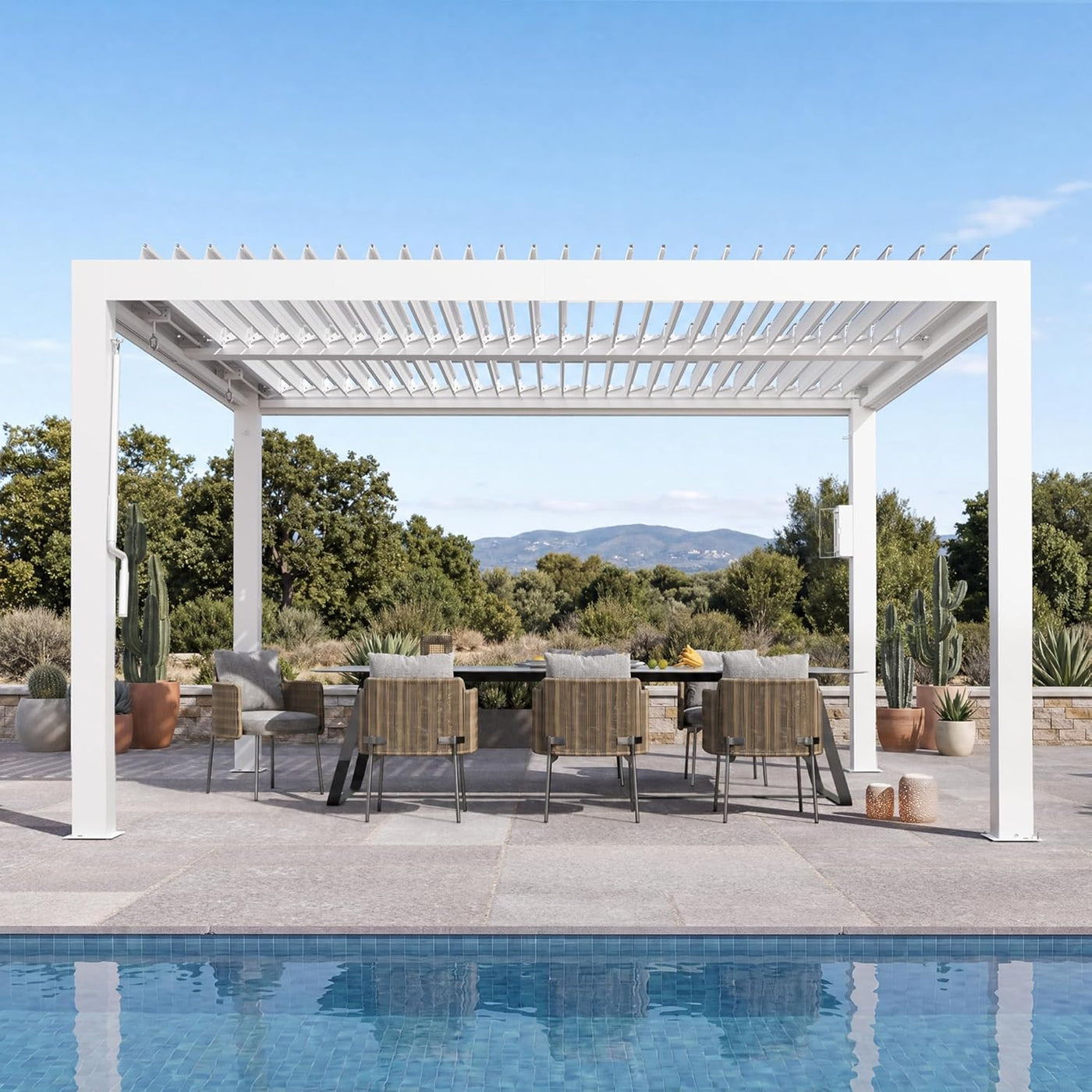 Modern Shade Louvered Pergola 3 X 3.6M with USB Charging Port Deck, Outdoor Pergola with Adjustable Waterproof Roof & Integrated Drainage, Reinforced Frame for Patio Deck Garden, Easy Assembly, White