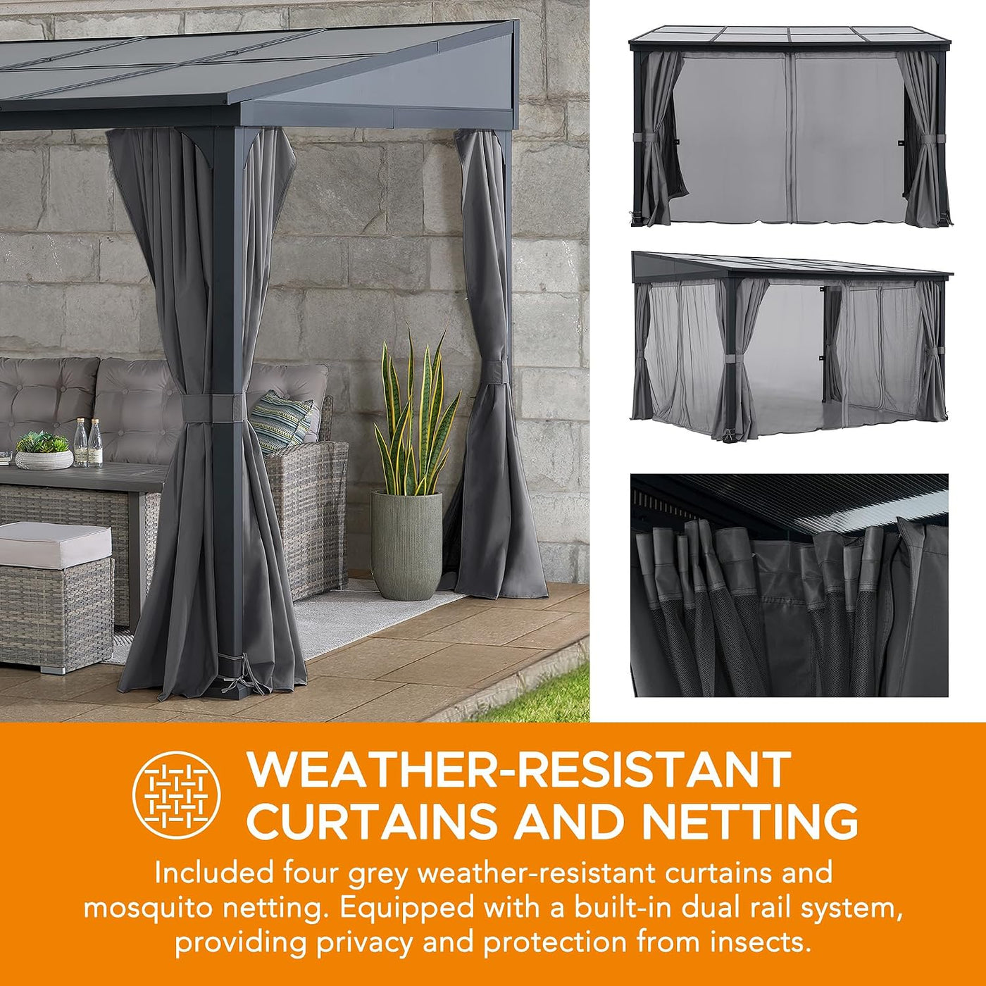 3X3.6M Wall Mounted Gazebo with Curtains & Netting, Thicker 8Cm Posts, Metal Frame, Waterproof Polycarbonate Roof, Lean to Shelter Pergola, Outdoor for Garden Patio Porch