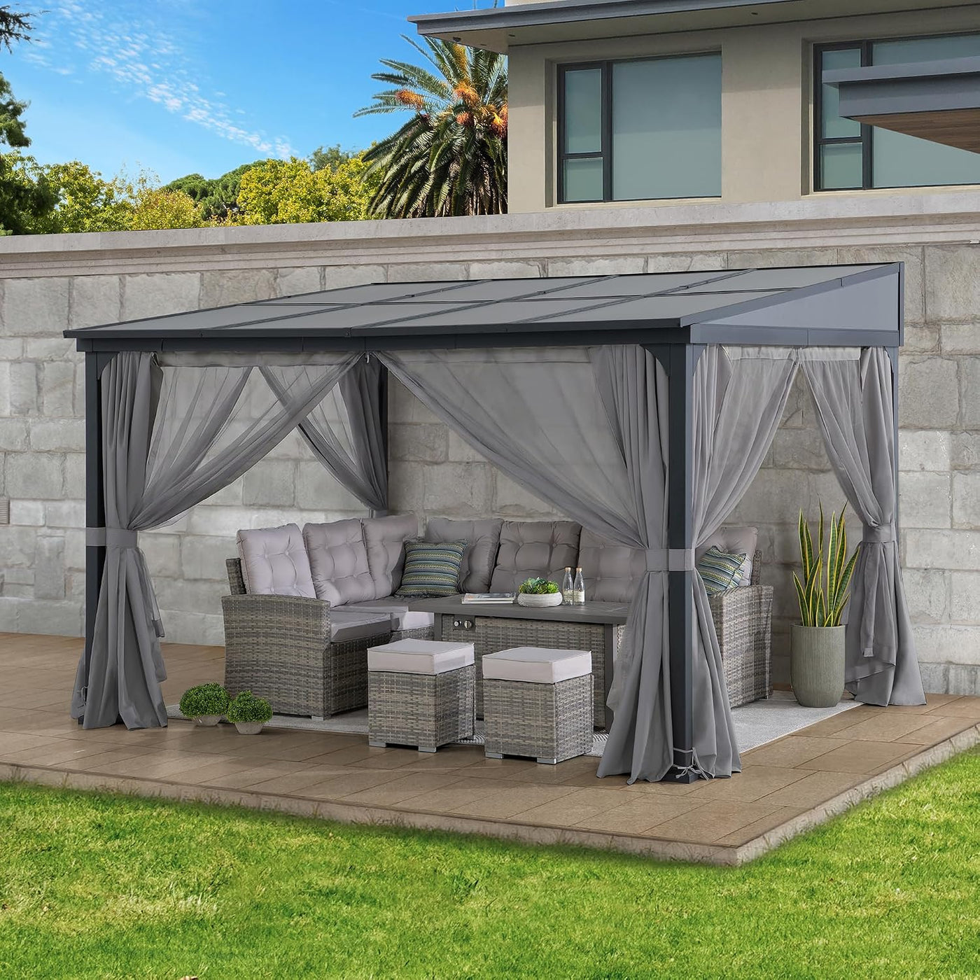 3X3.6M Wall Mounted Gazebo with Curtains & Netting, Thicker 8Cm Posts, Metal Frame, Waterproof Polycarbonate Roof, Lean to Shelter Pergola, Outdoor for Garden Patio Porch