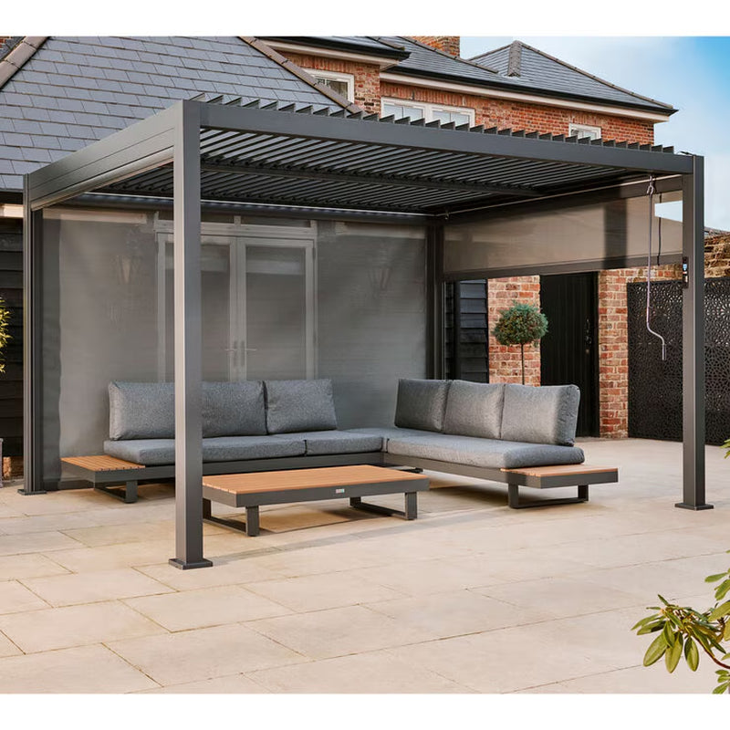 9Ft 7" X 12Ft 10" (2.9 X 3.9M) Louvered Aluminium Pergola Bundle with Pull-Down Screens & LED Lights