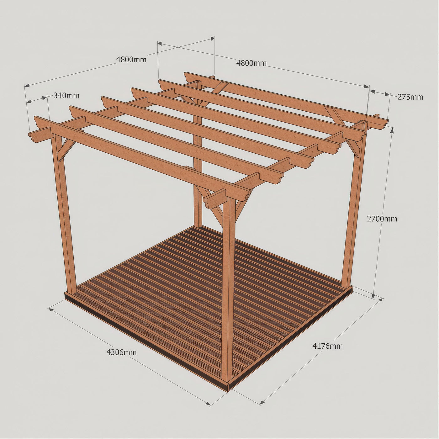 Freestanding Garden Pergola with Decking - Rustic Brown - 4.8m Width x 4.8m Length - image 22