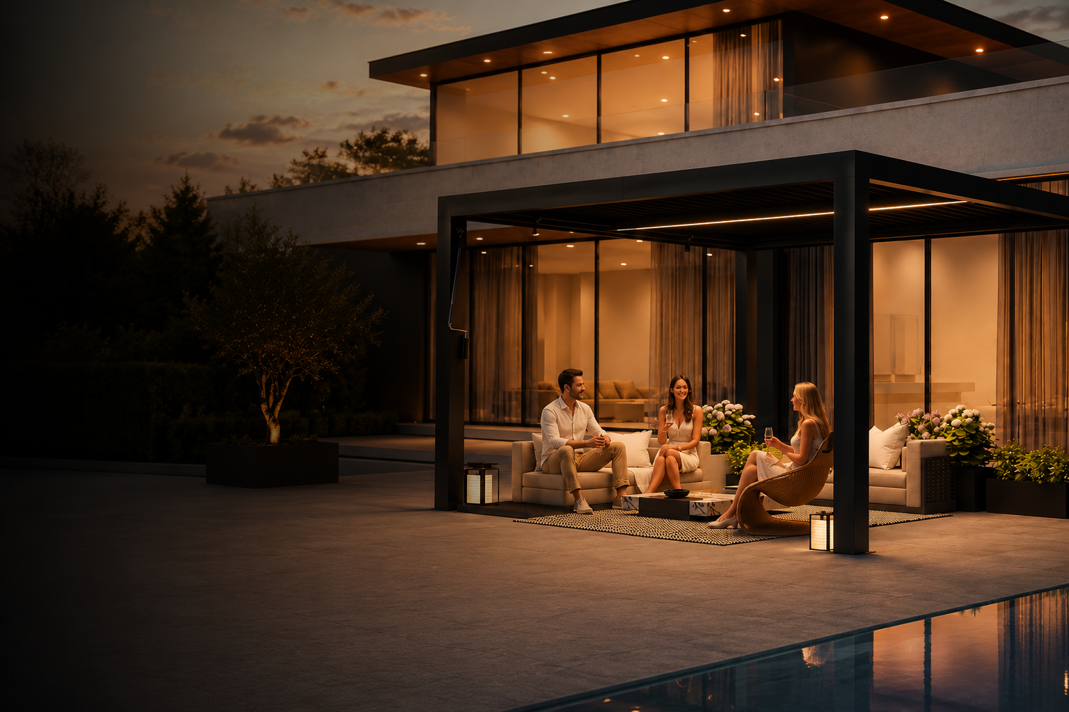 Black aluminium pergola attached to a modern house at dusk, with a family relaxing on outdoor sofas beside the pool.