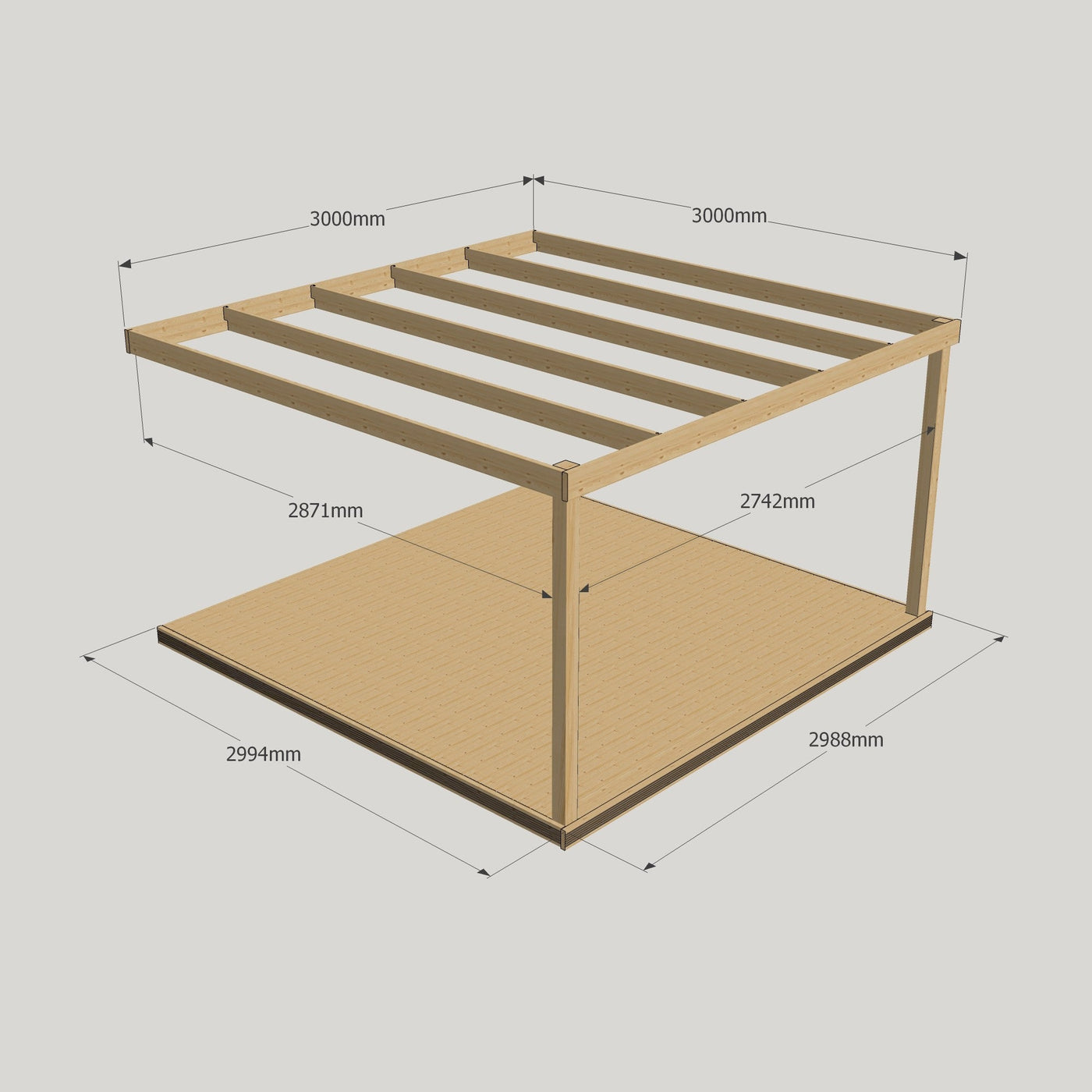 Wall Mounted Box Pergola with Decking - Rustic Brown - 3m Depth x 3m Length - image 10