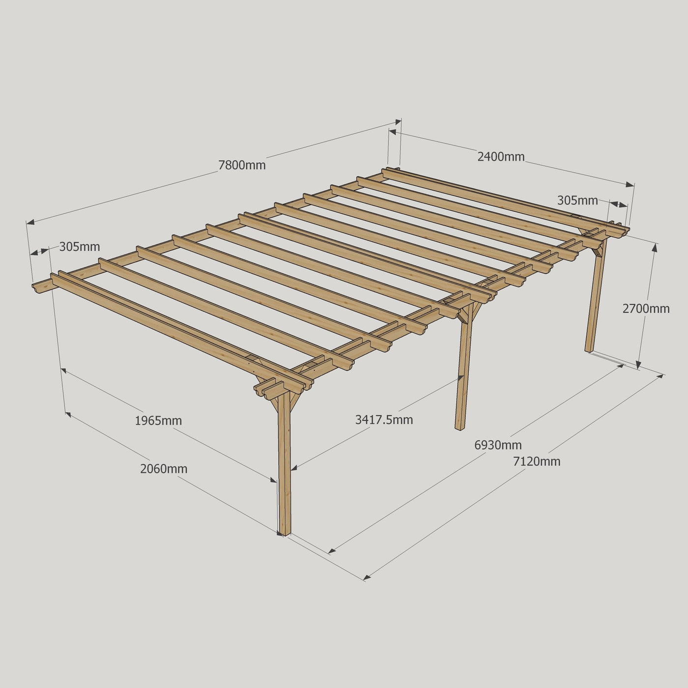 Wall Mounted Double Garden Pergola - Rustic Brown - 2.4m Depth x 7.8m Length - image 11