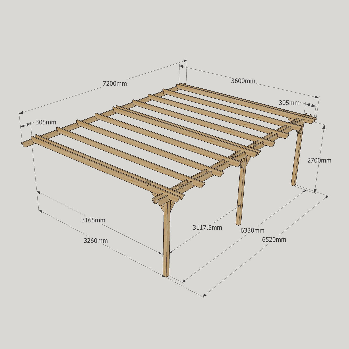 Wall Mounted Double Garden Pergola - Rustic Brown - 3.6m Depth x 7.2m Length - image 11