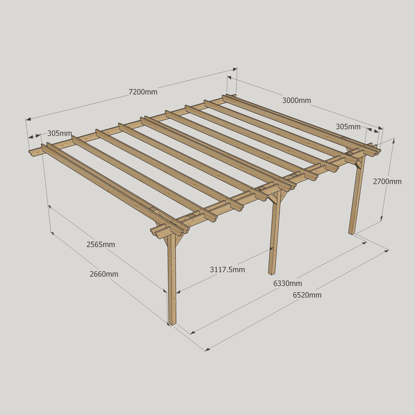 Wall Mounted Double Garden Pergola - Rustic Brown - 3m Depth x 7.2m Length - image 11