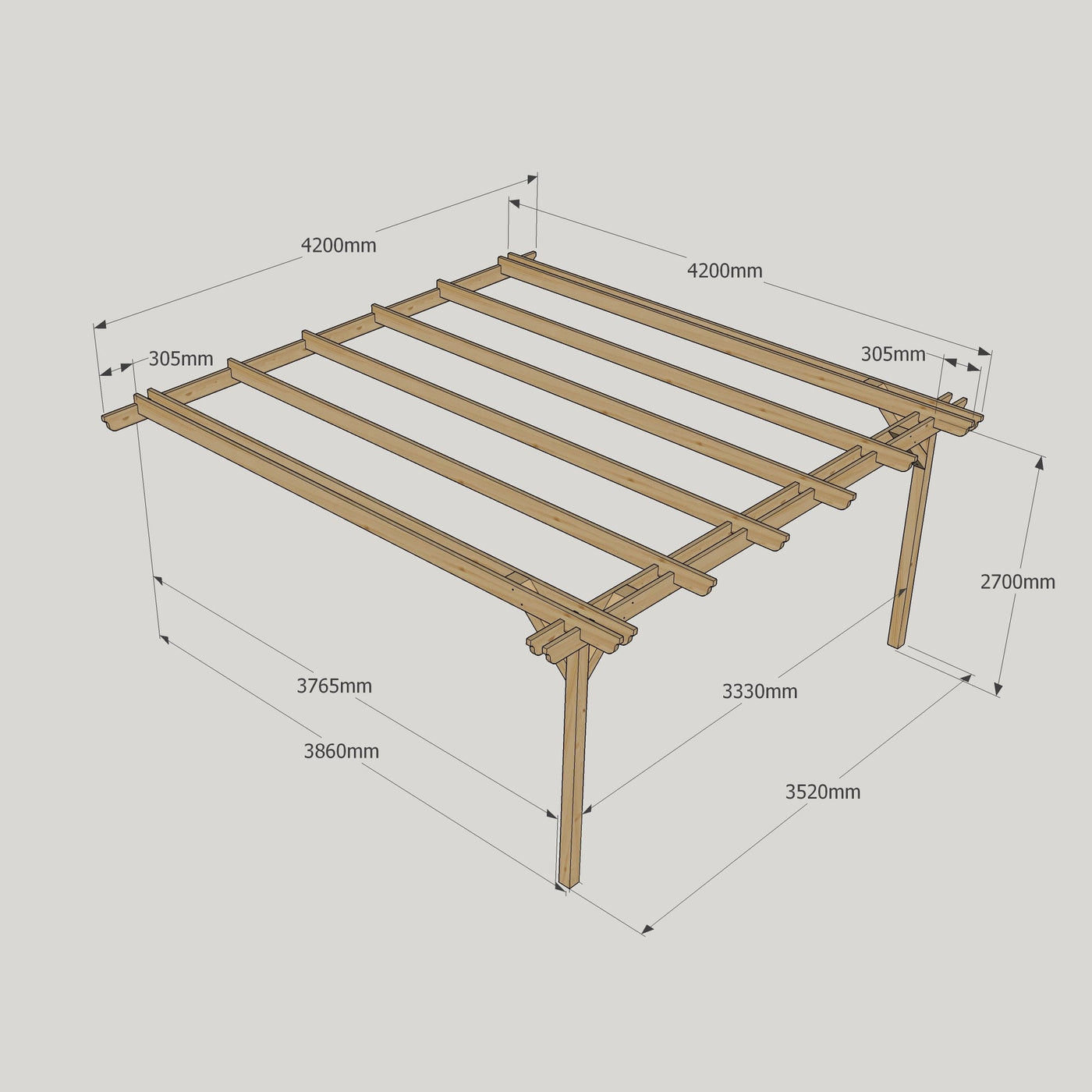 Wall Mounted Double Garden Pergola - Rustic Brown - 4.2m Depth x 4.2m Length - image 12