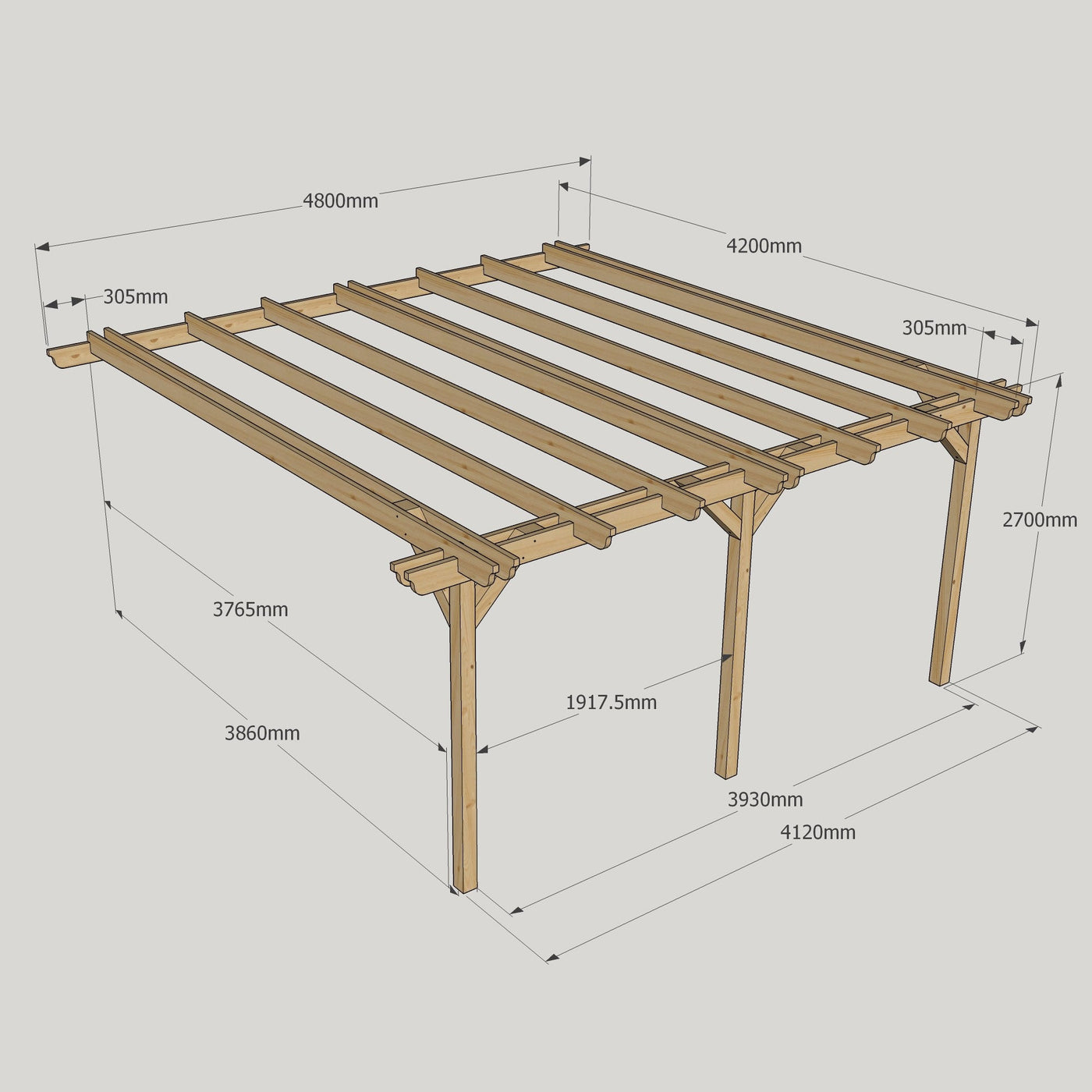 Wall Mounted Double Garden Pergola - Rustic Brown - 4.2m Depth x 4.8m Length - image 11