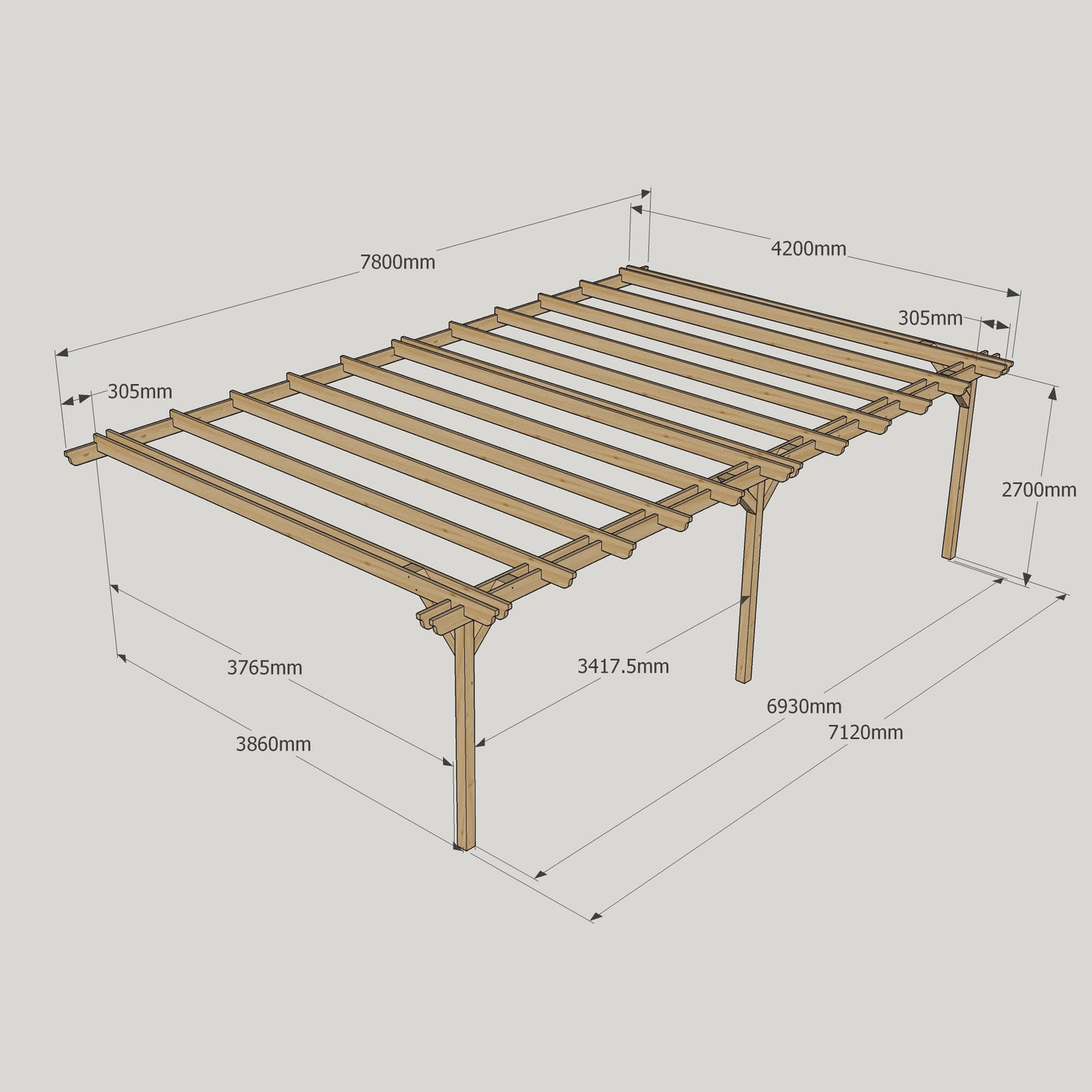 Wall Mounted Double Garden Pergola - Rustic Brown - 4.2m Depth x 7.8m Length - image 11