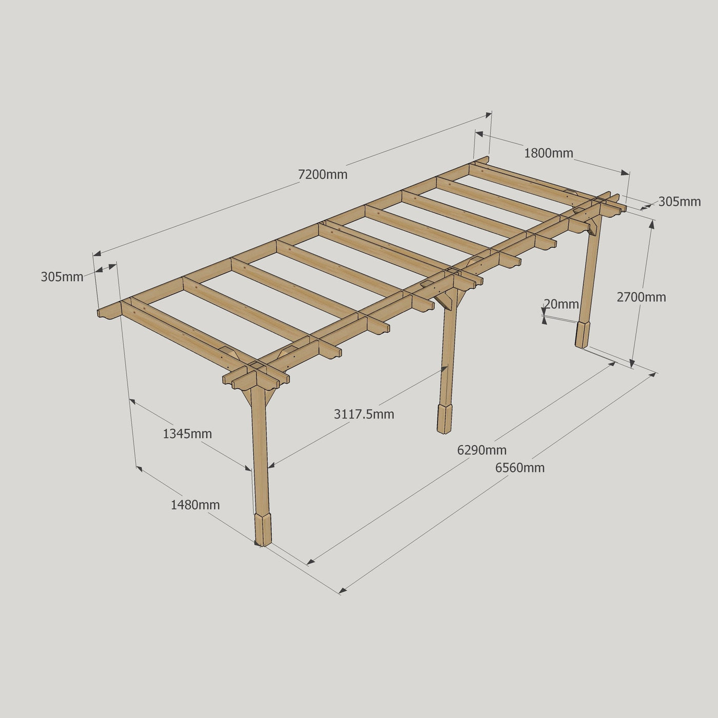 Wall Mounted Double Premium Pergola - Rustic Brown - 1.8m Depth x 7.2m Length - image 12
