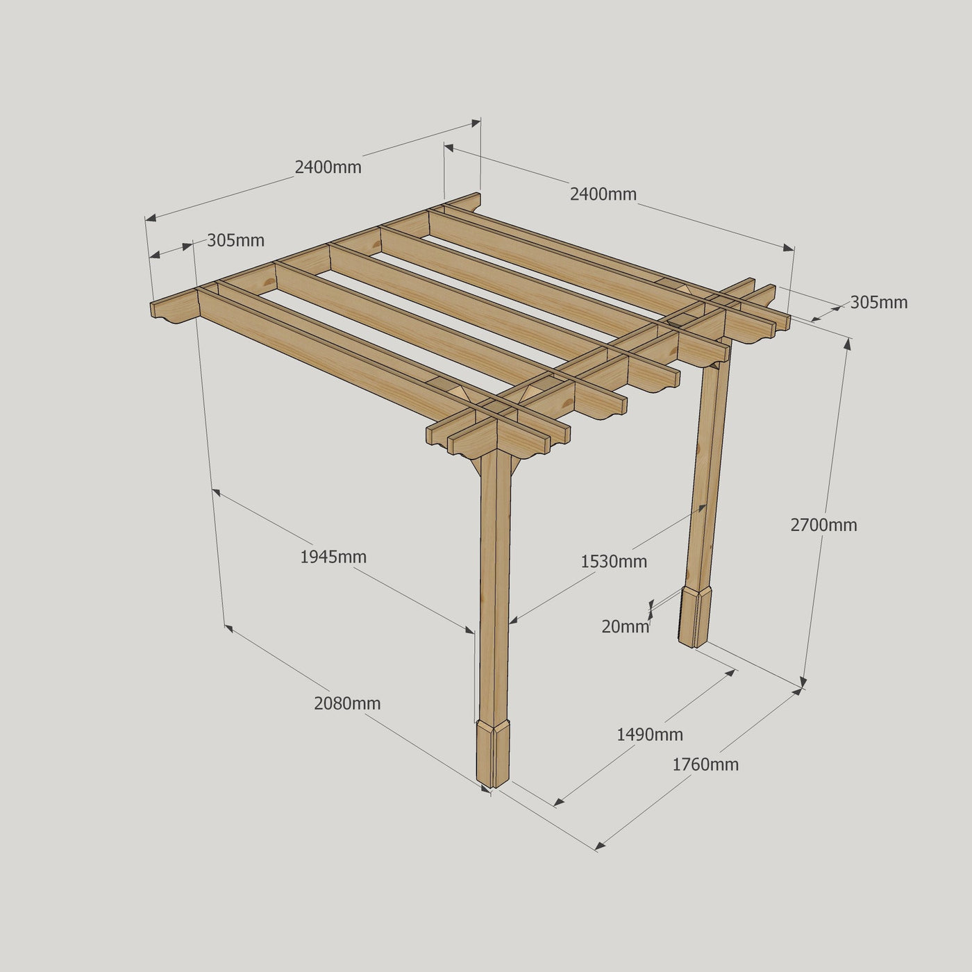 Wall Mounted Double Premium Pergola - Rustic Brown - 2.4m Depth x 2.4m Length - image 12