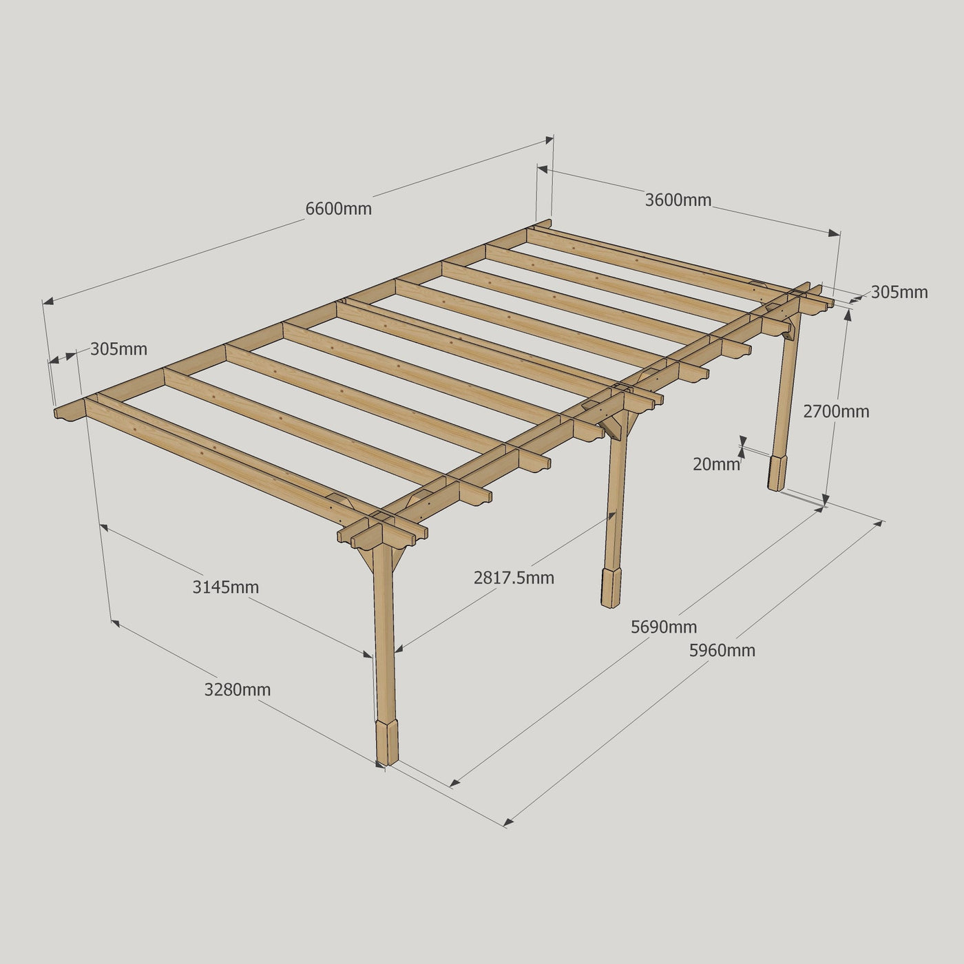 Wall Mounted Double Premium Pergola - Rustic Brown - 3.6m Depth x 6.6m Length - image 12