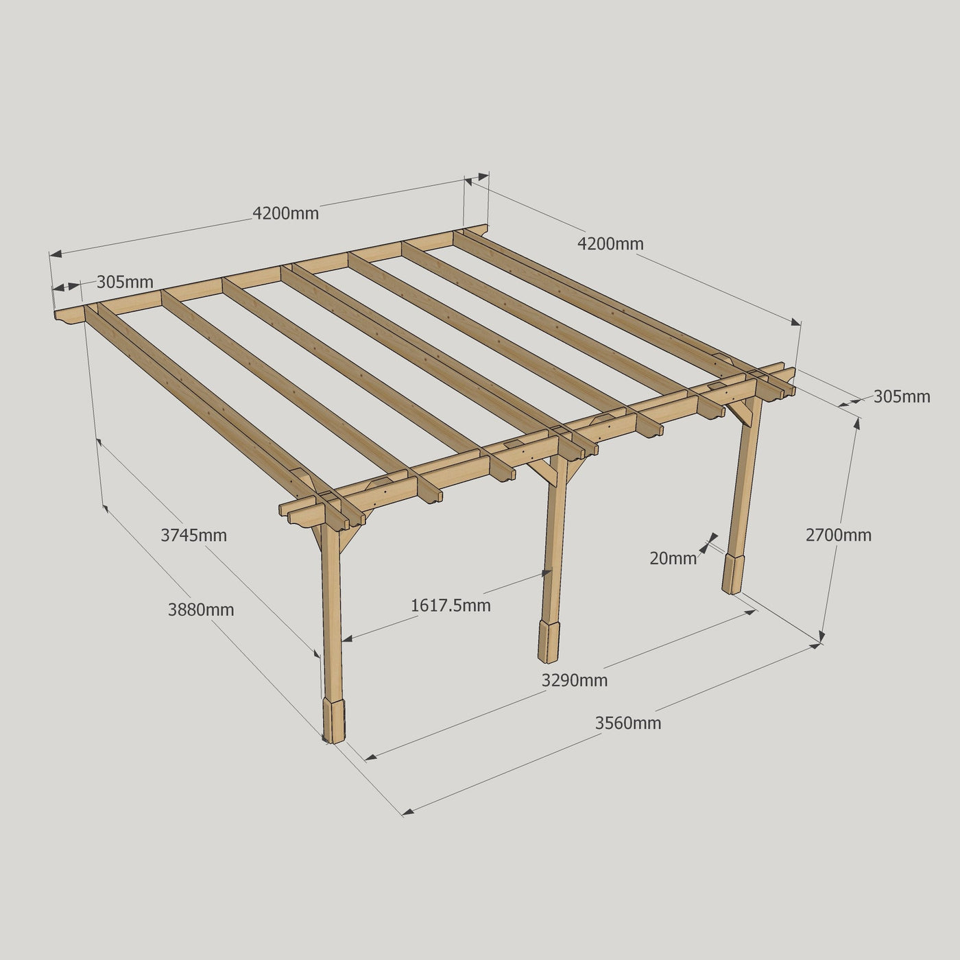Wall Mounted Double Premium Pergola - Rustic Brown - 4.8m Depth x 4.8m Length - image 13