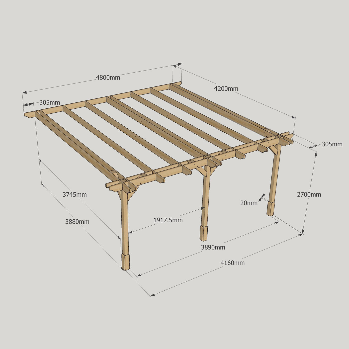 Wall Mounted Double Premium Pergola - Rustic Brown - 4.2m Depth x 4.8m Length - image 12