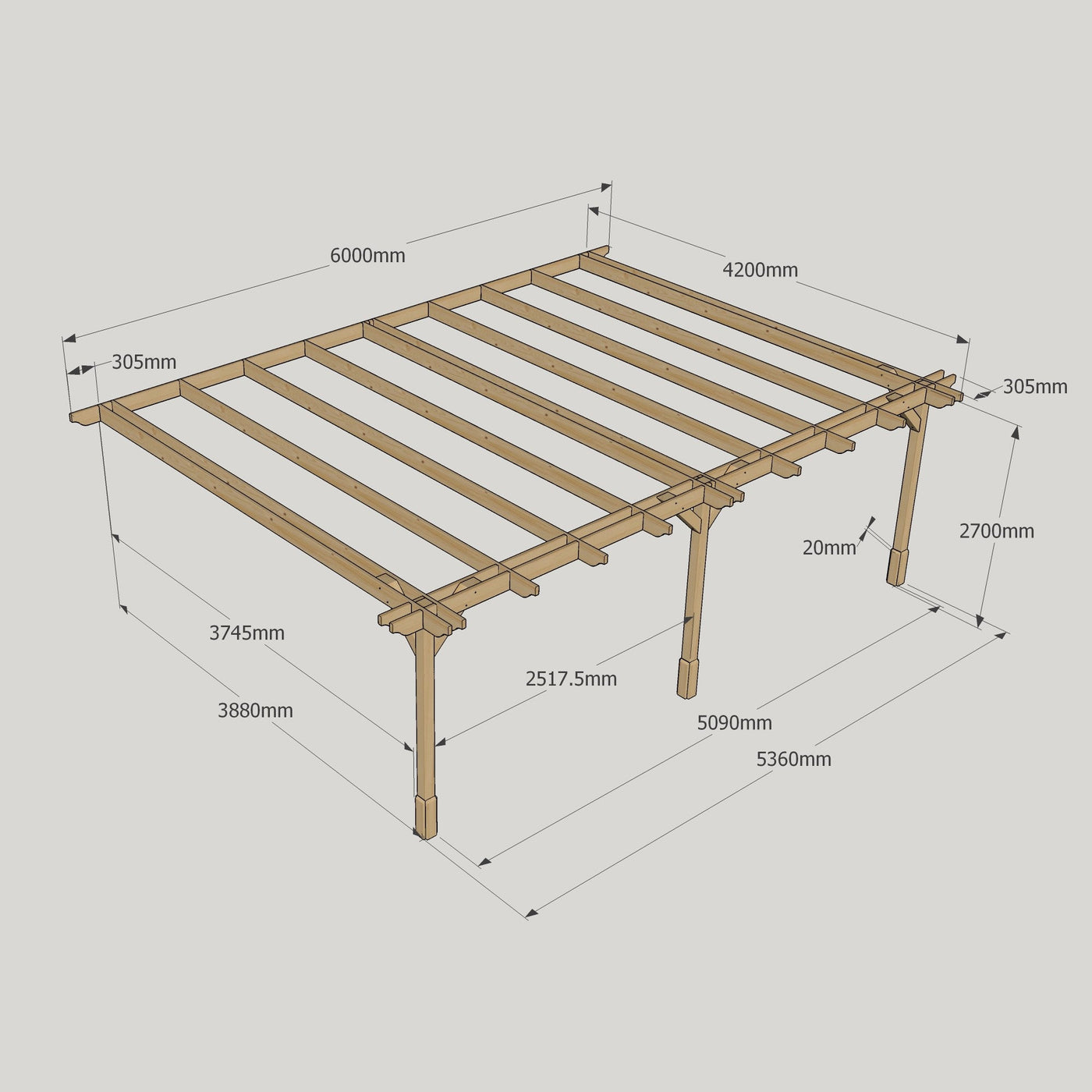 Wall Mounted Double Premium Pergola - Rustic Brown - 4.2m Depth x 6m Length - image 12